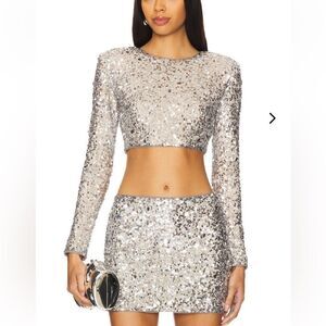 NWT Lovers and Friends CRYSTAL SEQUIN CROPPED TOP silver blouse Revolve S